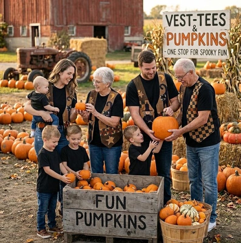 Może przedstawiać: Rodzina na polu dyniowym z drewnianą skrzynią z napisem FUN PUMPKINS oraz znakiem VEST-TEES & PUMPKINS - ONE STOP FOR SPOOKY FUN. Dorośli mają na sobie wzorzyste kamizelki na czarnych koszulkach, a dzieci trzymają dynie w wiejskim otoczeniu.