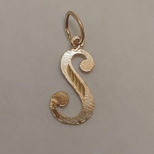 Puede incluir: Colgante dorado con forma de la letra "S". El colgante tiene una superficie texturizada y un pequeño lazo en la parte superior para una cadena. Un diseño de rayas diagonales está en el centro de la letra.