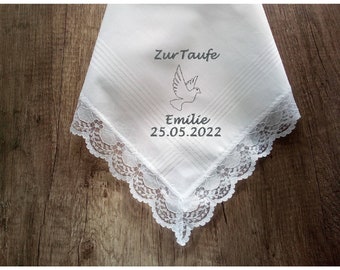 Tauftuch mit Stickerei Vorname, Datum und Motive /ein Tuch zur Taufe/Personalized Baptism Handkerchief