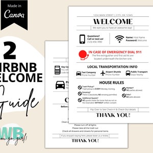 Guía de bienvenida de 2 páginas de Airbnb, carta de bienvenida de Airbnb, plantilla de Airbnb editable y rellenable, reglas de la casa + Wifi + salida, detalles de entrada