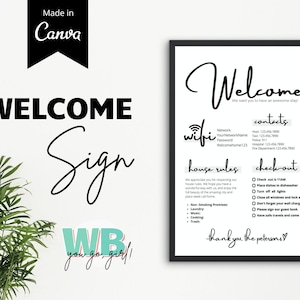 1 strona, szablon powitalnego znaku Airbnb, przewodnik powitalny Airbnb, znak Airbnb, instrukcje wymeldowania Airbnb, zasady domu, szablon powitalny Airbnb