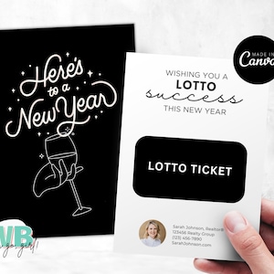 Szablon karty na loterię noworoczną, posiadacz karty podarunkowej na Nowy Rok, edytowalne tagi Lotto z podziękowaniami za Nowy Rok, natychmiastowe pobieranie Canva