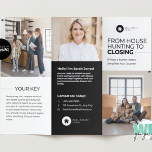 Folheto de contrato de corretor de comprador, benefícios de ter um agente comprador ao comprar uma casa, modelo editável de imóveis, Canva, corretor de imóveis de agente de compradores