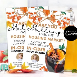 Fall Hot Apple Cider Realtor Pop By Tags, Real Estate Fall Marketing Tags, Mulling over the Market Autumn Neighborhood, Canva Template