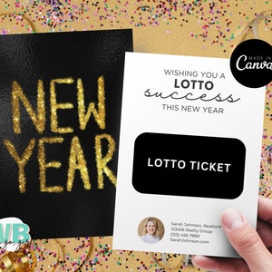 Szablon karty na loterię noworoczną, posiadacz karty podarunkowej na Nowy Rok, edytowalne tagi Lotto z podziękowaniami za Nowy Rok, natychmiastowe pobieranie Canva