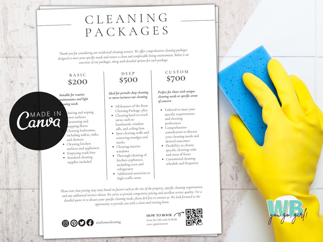 Cleaning Service Pricing List, Editable Clean Price List Template