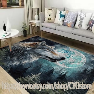 May include: A gray wolf with brown fur is howling at the moon. The moon is a bright blue and white color. The wolf is in a forest setting with dark green trees. The rug is a dark blue color with a white and blue moon design.
