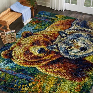May include: A rectangular area rug featuring a detailed image of a bear and a wolf lying together. The rug has a colorful, textured design with shades of brown, gold, blue, and green. The bear and wolf are the central focus, set against a backdrop of a forest.