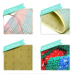 May include: Image showcasing the features of a rug or mat. The image highlights the product's strength, stereo cutting, non-silicone properties, and high-quality yarn. The close-up shots reveal the texture and construction of the rug, with a focus on durability and design.