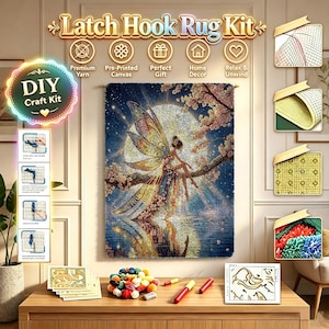 May include: A latch hook rug kit featuring a fairy with large wings sitting on a tree branch against a full moon. The kit includes pre-printed canvas, yarn bundles, a latch hook tool, and instructional cards with diagrams for the craft project.