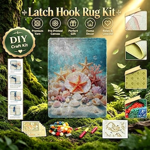 May include: A latch hook rug kit featuring a rectangular rug with a blue ocean floor design, starfish, and seashells. The kit includes pre-cut yarn bundles in various colors, a latch hook tool, a pre-printed canvas, and instructional cards.