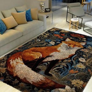 May include: A brown and orange fox with a bushy tail is depicted on a rug with a dark blue, green, and brown floral pattern. The rug is laid out on a white floor in a living room setting.