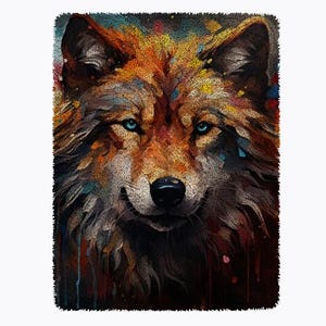 May include: A colorful watercolor painting of a wolf's face. The wolf has blue eyes and a brown, orange, and yellow fur. The background is a dark blue with splashes of color.