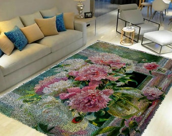 Floral Latch Hook Rug Kit: DIY Tapestry Carpet with Printed Canvas/All Materials Included