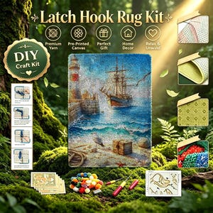May include: A latch hook rug kit featuring a nautical scene with a lighthouse, a sailing ship, a seagull, and a wooden chest on a sandy beach. The kit includes pre-printed canvas, colorful yarn bundles, a latch hook tool, and instruction cards.