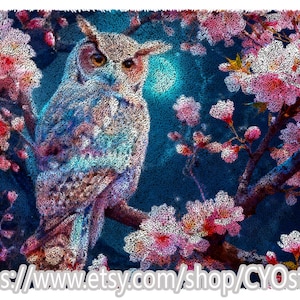 May include: An owl perched on a branch amidst cherry blossoms. The artwork features a textured, pointillist style with a dark blue background and a full moon. The owl has detailed feathers and is surrounded by pink and white flowers.