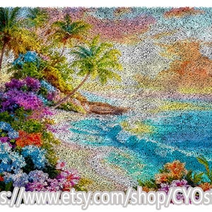 May include: A colorful, textured rug depicting a tropical beach scene. Palm trees, vibrant flowers in shades of blue, purple, and orange, and a turquoise ocean are visible. The text "https://www.etsy.com/shop/CYOstore" is at the bottom.