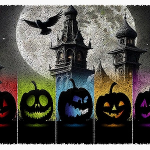 May include: Five black jack-o'-lantern pumpkins with different colored backgrounds. The pumpkins are in front of a dark, spooky background with a full moon and a silhouette of a crow flying overhead.