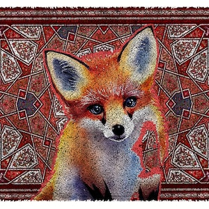 May include: A red, orange, and white fox with blue eyes is sitting on a red and white patterned rug. The rug has a geometric design.