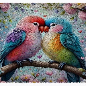 Könnte beinhalten: Zwei farbenfrohe Vögel mit blauen und grünen Federn sitzen auf einem Ast und schauen sich mit ihren Schnäbeln an. Der Hintergrund ist ein sanftes Blau mit rosa und weißen Blumen.