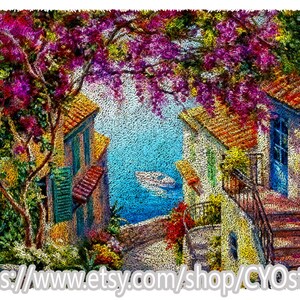 May include: A colorful painting of a coastal scene with buildings, a boat, and vibrant purple flowers. The buildings have orange tile roofs and blue shutters. The image includes the text "https://www.etsy.com/shop/CYOstore".