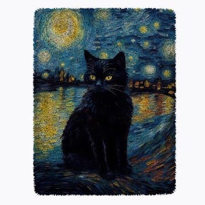 May include: A black cat sits in front of a starry night sky, reminiscent of Vincent van Gogh's famous painting. The cat's eyes are bright yellow, and its fur is a deep black. The background is a swirling blue and yellow, with a bright yellow moon in the top left corner.