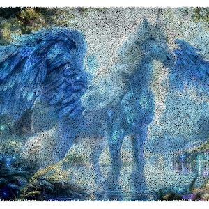 May include: A digital art image of a Pegasus, a mythical winged horse, rendered in shades of blue and white. The artwork features the horse standing with its wings spread, set against a backdrop of a forest.