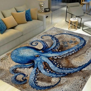 Kit para alfombra de ganchillo con diseño de pulpo azul: Manualidades DIY con lienzo estampado.