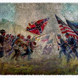 Könnte beinhalten: Ein Gemälde, das eine Schlacht der Sezessionskriege darstellt. Soldaten in blauen Uniformen marschieren mit amerikanischen Flaggen vorwärts, während Soldaten in grauen Uniformen mit einer Konföderiertenflagge zurückweichen. Die Szene ist in einem realistischen Stil mit Liebe zum Detail gemalt.