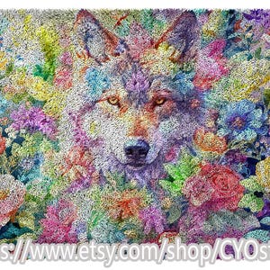 May include: A colorful image of a wolf's face surrounded by flowers. The wolf's fur is a mix of gray, brown, and white, while the flowers are a vibrant array of pink, purple, yellow, and orange. The image has a textured, almost painted appearance.