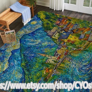 May include: A large area rug with a vibrant, artistic design reminiscent of Van Gogh's "Starry Night." The rug features swirling blues, greens, and yellows, depicting a landscape with buildings and a starry sky. The Etsy shop URL is visible at the bottom.