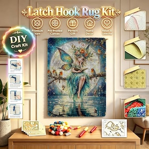 May include: A latch hook rug kit featuring a fairy with wings sitting on a branch against a large moon. The kit includes pre-printed canvas, yarn bundles, and tools. Text on the image reads Latch Hook Rug Kit, DIY Craft Kit, Premium Yarn, Pre-Printed Canvas, Perfect Gift, Home Decor, and Relax & Unwind.