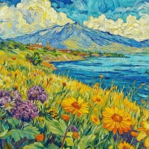 May include: Impressionistic oil painting of a coastal landscape. The artwork depicts a vibrant scene with yellow and purple wildflowers in the foreground, a blue sea, and a mountain range under a cloudy sky. A building is visible on the coast.