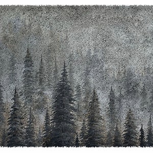 May include: A watercolour painting depicting a forest scene with tall, dark green trees silhouetted against a light grey, cloudy sky.
