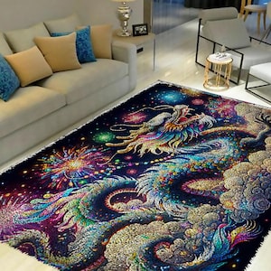 May include: A colorful rug with a dragon design. The dragon is made of iridescent sequins and is surrounded by clouds and fireworks. The rug is on a light brown floor.