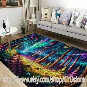 May include: A colorful area rug with a psychedelic forest scene. The rug features a rainbow of colors, including blue, green, yellow, and purple. The trees are tall and slender, and the ground is covered in a variety of textures. The rug is perfect for adding a touch of whimsy and color to any room.