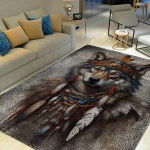 May include: A gray and brown area rug with a wolf wearing a headdress with feathers and beads. The wolf is looking directly at the viewer.