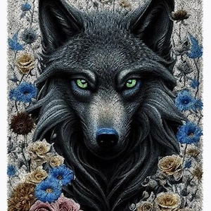 May include: A black wolf with green eyes surrounded by a variety of flowers, including roses, blue flowers, and yellow flowers.