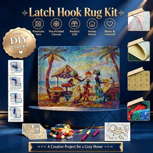 May include: A latch hook rug kit featuring a tropical beach scene with palm trees and figures. Includes pre-printed canvas, colorful yarn bundles, a latch hook tool, and instructional diagrams. The packaging displays the text Latch Hook Rug Kit.