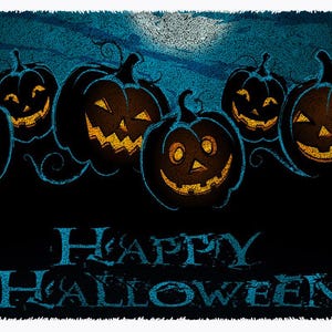 May include: A Halloween themed image with a blue and black background. The image features a row of five jack-o'-lantern pumpkins with glowing orange eyes and mouths. The text "HAPPY HALLOWEEN" is written in blue letters at the bottom of the image.