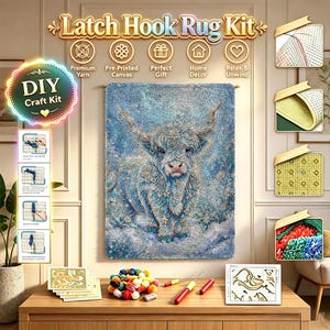 May include: A latch hook rug kit featuring a highland cow design in shades of blue and gold. The kit includes a pre-printed canvas, colorful yarn bundles, a latch hook tool, and instructional cards, all displayed on a wooden table surface.