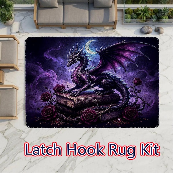 ファンタジードラゴンとバラのラッチフックキット、三日月ダークアート、DIY刺繍ラグデコレーションギフト