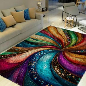 May include: A colorful abstract area rug with a swirling pattern of red, purple, blue, green, and gold. The rug has a textured surface and is made of a soft, plush material.