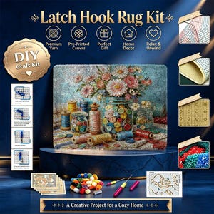 May include: A latch hook rug kit featuring a floral arrangement in a jar surrounded by spools of thread and buttons. Includes pre-printed canvas, yarn, and tools. Text includes Latch Hook Rug Kit, DIY Craft Kit, Premium Yarn, Pre-Printed Canvas, Perfect Gift, Home Decor, Relax & Unwind, and A Creative Project for a Cozy Home.