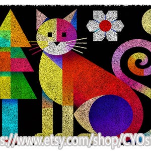 May include: A colorful geometric illustration of a cat, a Christmas tree, a flower, and a crescent moon on a black background. The cat is composed of various colors, including yellow, red, and purple. The tree is green, orange, and pink.