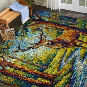 May include: A vibrant area rug depicting a deer in a forest setting. The rug's design resembles a mosaic, with colours including blue, green, yellow, and brown. The scene includes trees and foliage, creating a naturalistic feel.