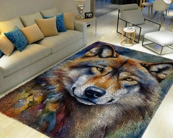 Kit para alfombra de ganchillo Wolf: Lienzo estampado grande, tapiz de alfombra para armar tú mismo / Todos los materiales incluidos