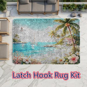 May include: A rectangular latch hook rug kit featuring a tropical coastal scene with a sailboat on turquoise water, a small house, palm trees, and hibiscus flowers in the foreground. The design includes a lighthouse in the distance.