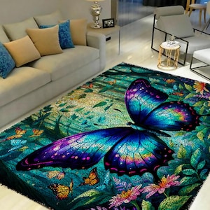 May include: A colorful rug with a large blue and purple butterfly in the center. The butterfly is surrounded by green leaves and flowers. The rug is perfect for adding a touch of nature to any room.