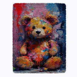 May include: A colorful, abstract painting of a teddy bear. The bear is painted in shades of yellow, orange, red, blue, and green. The background is a textured, abstract design in shades of pink, blue, and green.